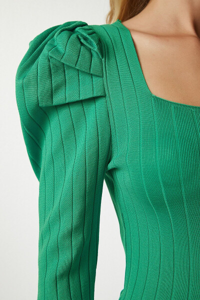 Women's Green Square Neck Ribbed Knit Blouse YY00159 - 5
