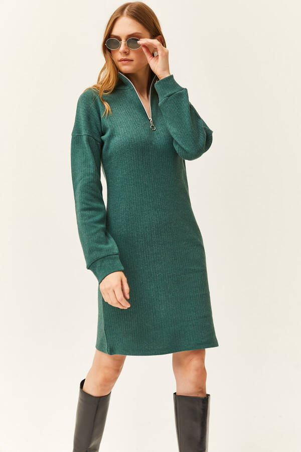 Women's Green Stand Collar Zippered Oversized Dress ELB-19002023 - 1