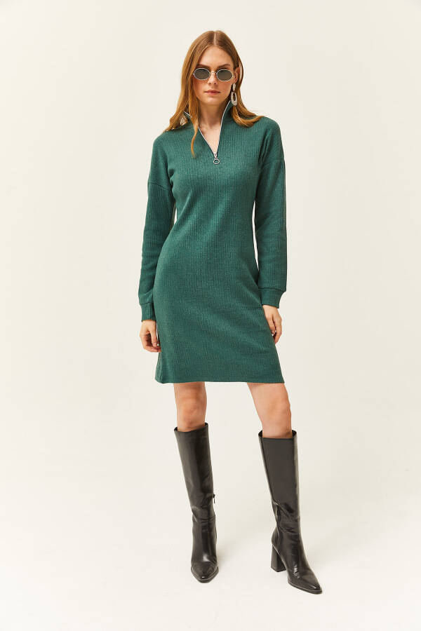 Women's Green Stand Collar Zippered Oversized Dress ELB-19002023 - 2