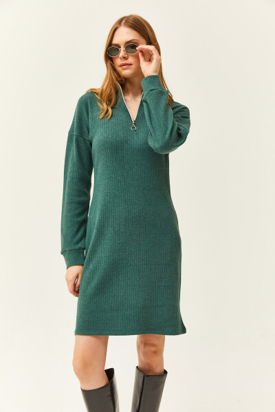 Women's Green Stand Collar Zippered Oversized Dress ELB-19002023 - 3