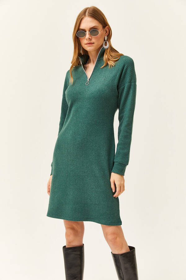 Women's Green Stand Collar Zippered Oversized Dress ELB-19002023 - 5