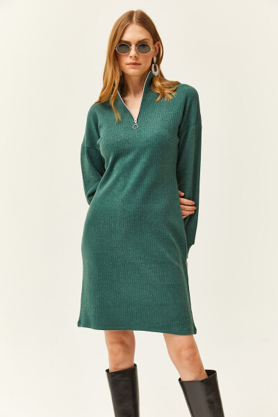 Women's Green Stand Collar Zippered Oversized Dress ELB-19002023 - 6