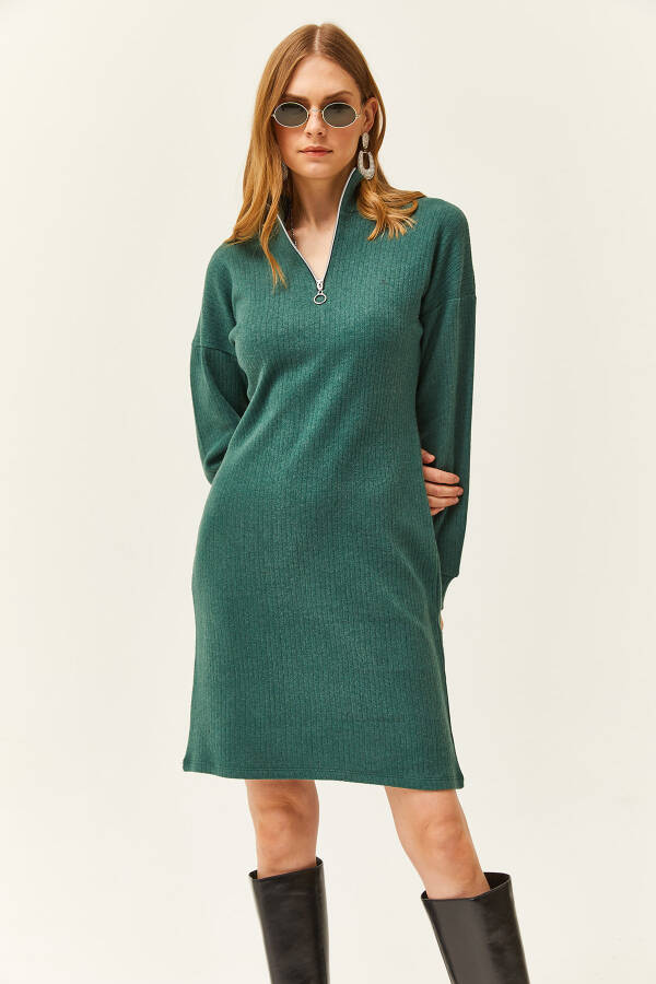 Women's Green Stand Collar Zippered Oversized Dress ELB-19002023 - 6