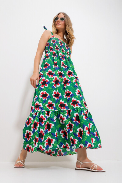 Women's Green Strapless Skirt Ruffle Floral Pattern Frilled Woven Dress Alc-X11734 - TREND ALAÇATI STILI (1)
