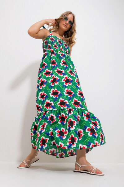 Women's Green Strapless Skirt Ruffle Floral Pattern Frilled Woven Dress Alc-X11734 - 3