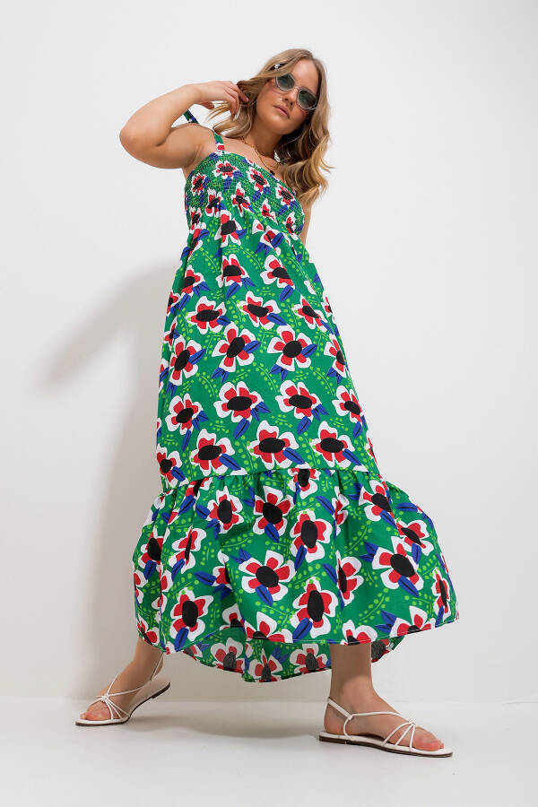 Women's Green Strapless Skirt Ruffle Floral Pattern Frilled Woven Dress Alc-X11734 - 3