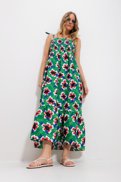 Women's Green Strapless Skirt Ruffle Floral Pattern Frilled Woven Dress Alc-X11734 - 4