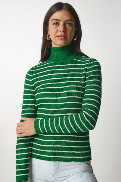 Women's Green Striped Fisherman Knit Sweater BP00146 - 3