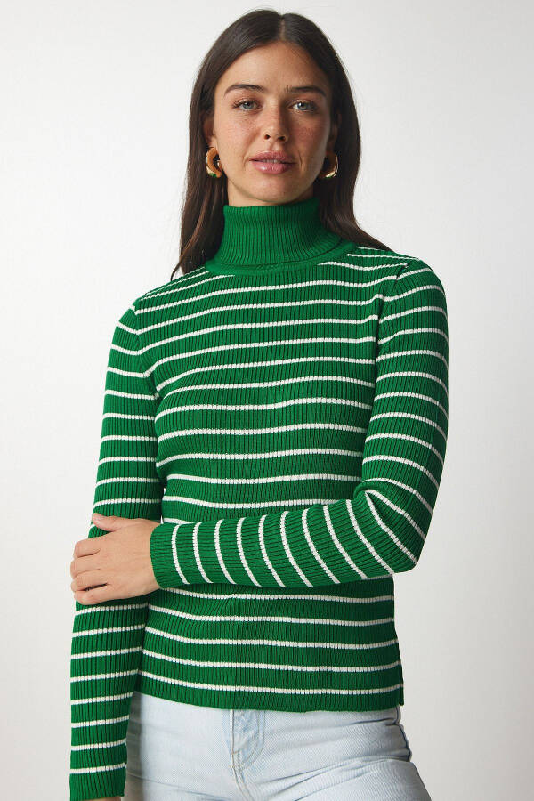 Women's Green Striped Fisherman Knit Sweater BP00146 - 3