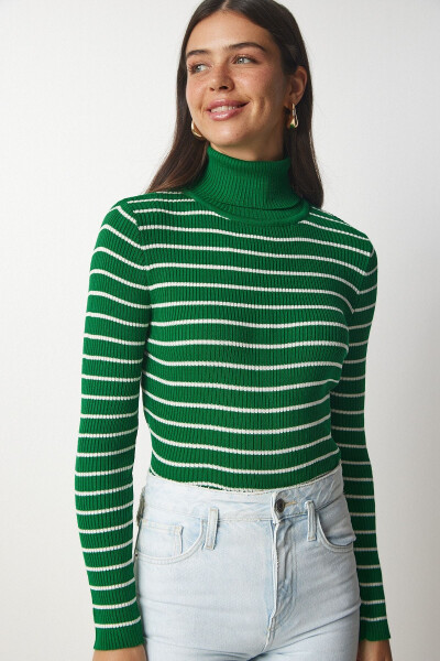 Women's Green Striped Fisherman Knit Sweater BP00146 - 7