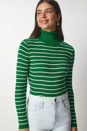Women's Green Striped Fisherman Knit Sweater BP00146 - HAPPINESS İSTANBUL (1)