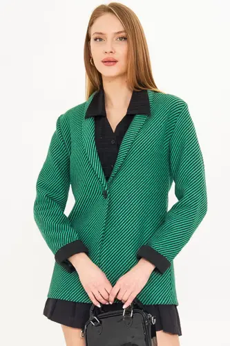 Women's Green Striped Folded Sleeve Single Button Wool Coat ARM-25K001106-Green - 1