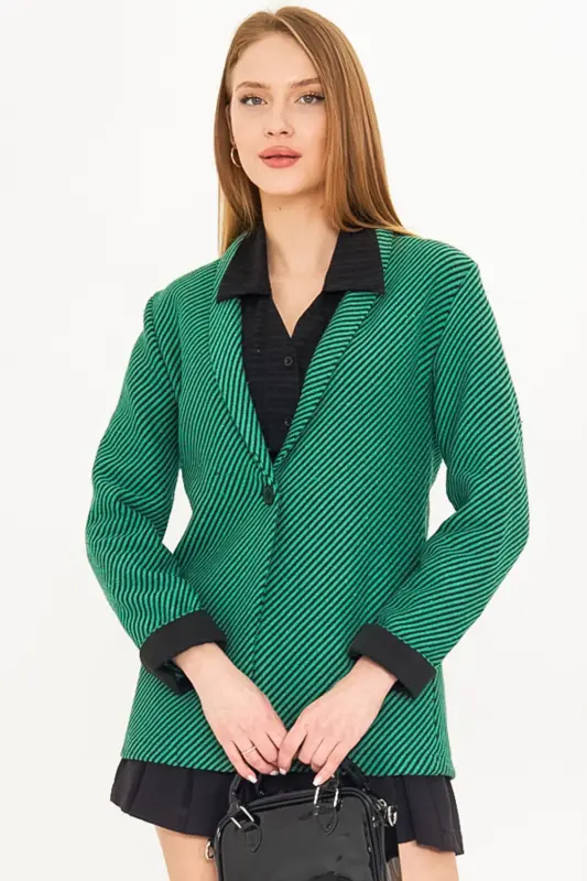 Women's Green Striped Folded Sleeve Single Button Wool Coat ARM-25K001106-Green - 1