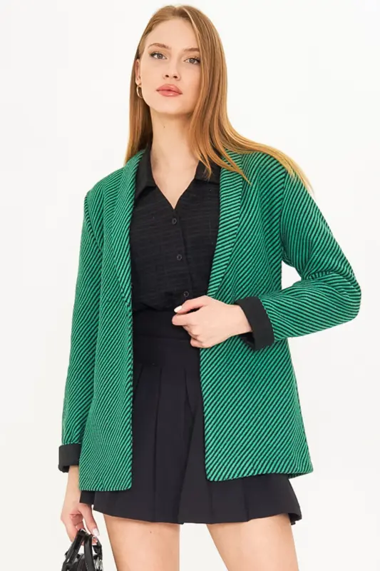 Women's Green Striped Folded Sleeve Single Button Wool Coat ARM-25K001106-Green - 2