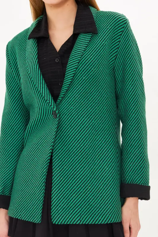 Women's Green Striped Folded Sleeve Single Button Wool Coat ARM-25K001106-Green - 3