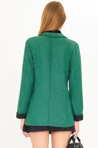 Women's Green Striped Folded Sleeve Single Button Wool Coat ARM-25K001106-Green - 4