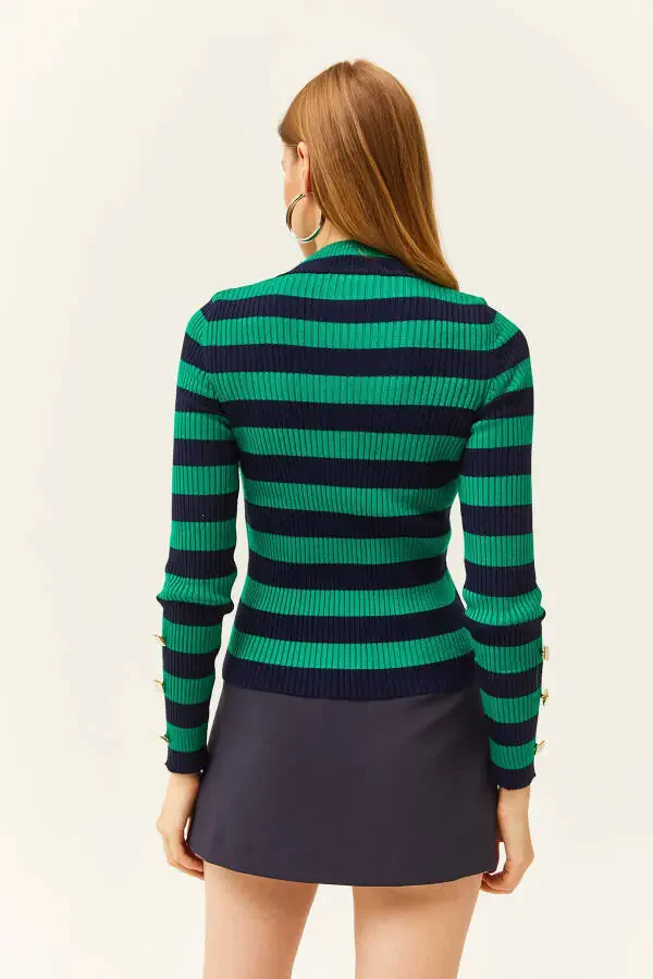 Women's Green Striped Sleeve Buttoned Lycra Knitted Sweater KZK-19000731 - 10