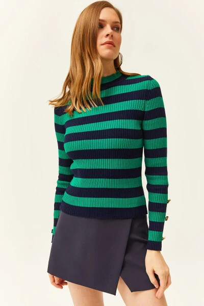 Women's Green Striped Sleeve Buttoned Lycra Knitted Sweater KZK-19000731 - OLALOOK