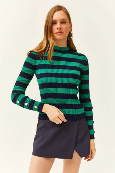 Women's Green Striped Sleeve Buttoned Lycra Knitted Sweater KZK-19000731 - OLALOOK (1)