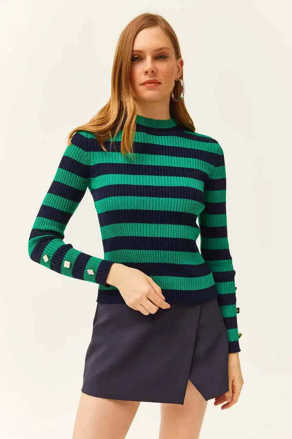 Women's Green Striped Sleeve Buttoned Lycra Knitted Sweater KZK-19000731 - 2