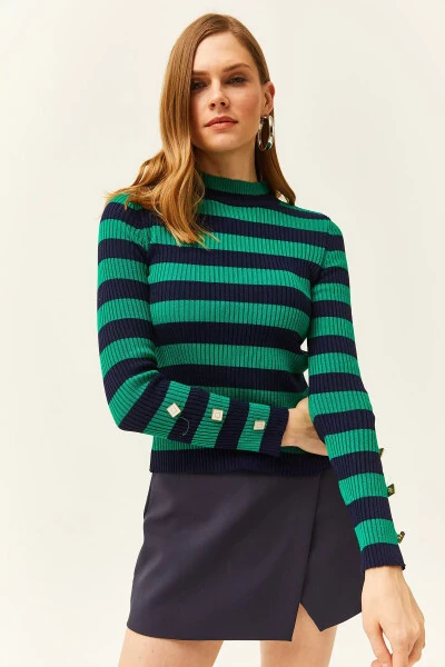 Women's Green Striped Sleeve Buttoned Lycra Knitted Sweater KZK-19000731 - 3