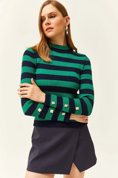 Women's Green Striped Sleeve Buttoned Lycra Knitted Sweater KZK-19000731 - 4