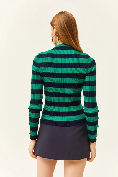 Women's Green Striped Sleeve Buttoned Lycra Knitted Sweater KZK-19000731 - 5
