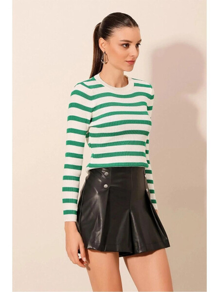 Women's Green Striped Turtleneck Knit Sweater - 7