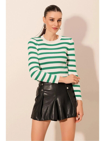 Women's Green Striped Turtleneck Knit Sweater - 3