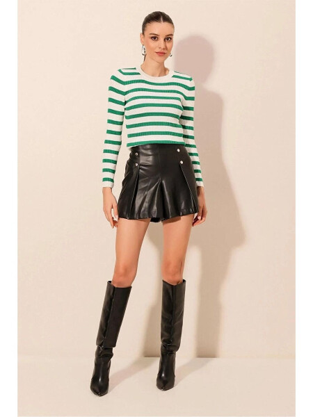 Women's Green Striped Turtleneck Knit Sweater - 5