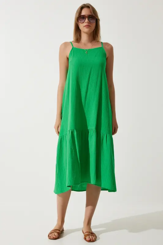 Women's Green Tank Top Summer Loose Muslin Dress BP00163-Green - 3
