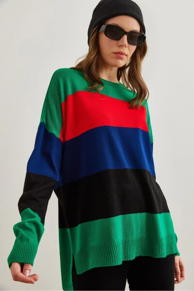 Women's Green Thick Color Block Knit Sweater KZK-19000824 - OLALOOK