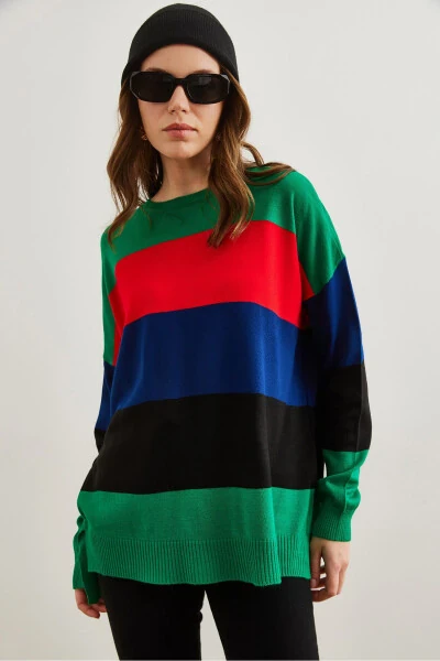Women's Green Thick Color Block Knit Sweater KZK-19000824 - OLALOOK (1)