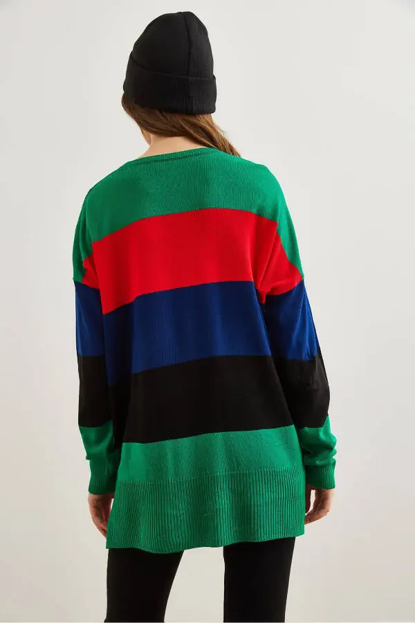 Women's Green Thick Color Block Knit Sweater KZK-19000824 - 4