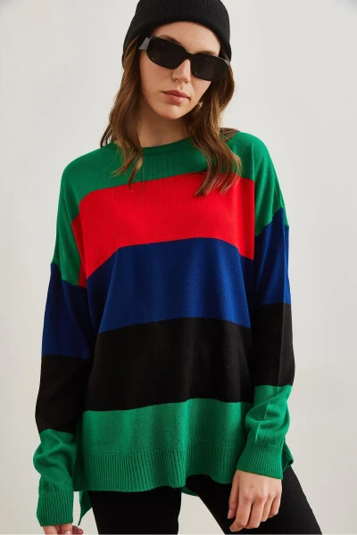 Women's Green Thick Color Block Knit Sweater KZK-19000824 - 5