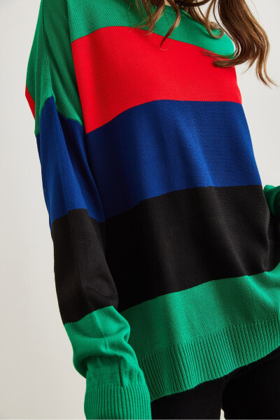Women's Green Thick Color Block Knit Sweater KZK-19000824 - 3