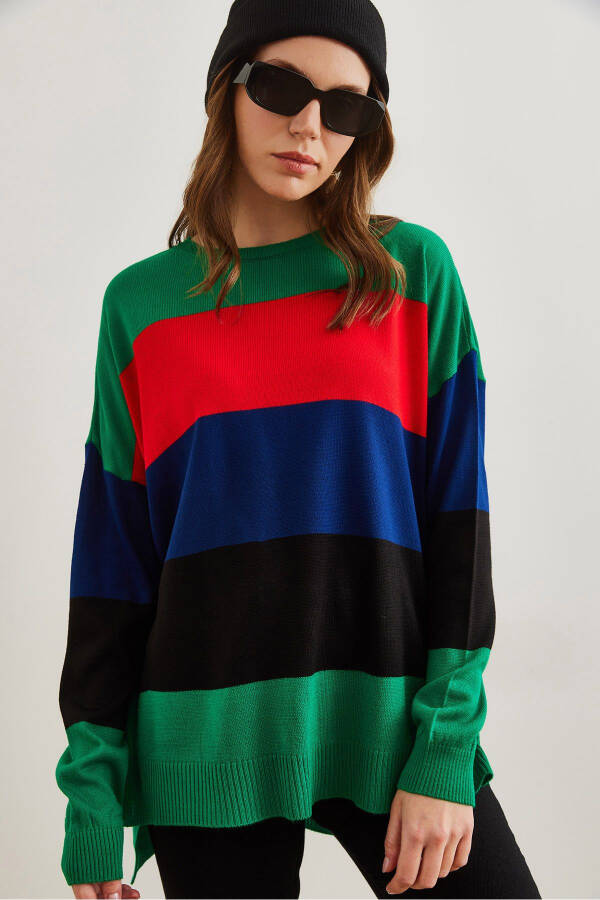 Women's Green Thick Color Block Knit Sweater KZK-19000824 - 5