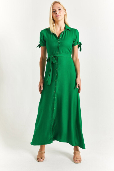 Women's Green Tie-Sleeve Belted Shirt Dress Arm-23y001004 - 2