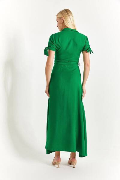 Women's Green Tie-Sleeve Belted Shirt Dress Arm-23y001004 - 4