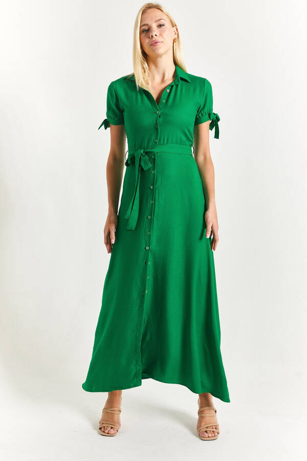 Women's Green Tie-Sleeve Belted Shirt Dress Arm-23y001004 - 6