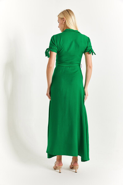 Women's Green Tie-Sleeve Belted Shirt Dress Arm-23y001004 - 8