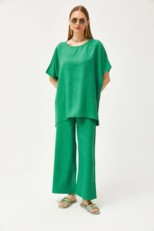 Women's Green Top Loose Blouse Bottom Pocket Palazzo Linen - 2