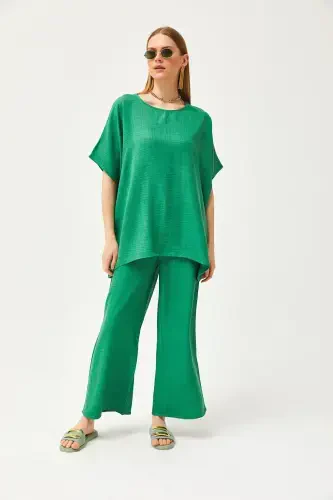Women's Green Top Loose Blouse Bottom Pocket Palazzo Linen - 3