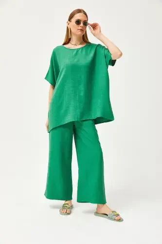Women's Green Top Loose Blouse Bottom Pocket Palazzo Linen - 4