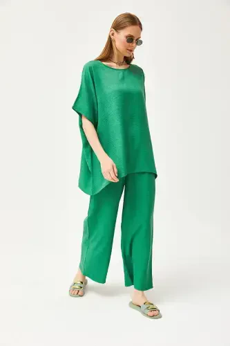 Women's Green Top Loose Blouse Bottom Pocket Palazzo Linen - 5