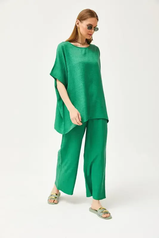 Women's Green Top Loose Blouse Bottom Pocket Palazzo Linen - 5
