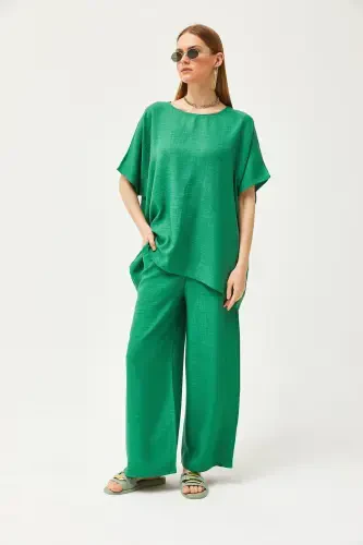 Women's Green Top Loose Blouse Bottom Pocket Palazzo Linen - 6