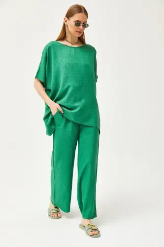 Women's Green Top Loose Blouse Bottom Pocket Palazzo Linen - 7