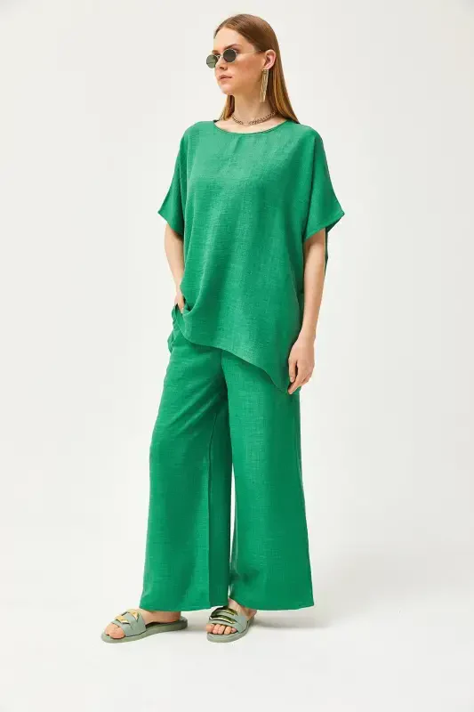 Women's Green Top Loose Blouse Bottom Pocket Palazzo Linen - 8