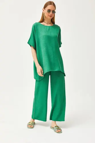 Women's Green Top Loose Blouse Bottom Pocket Palazzo Linen 